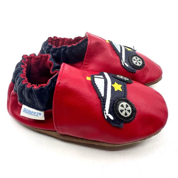 Robeez Soft Soles Leather Baby Shoes 12-18 Mths Police Car First Steps Red/Black - Picture 1 of 6